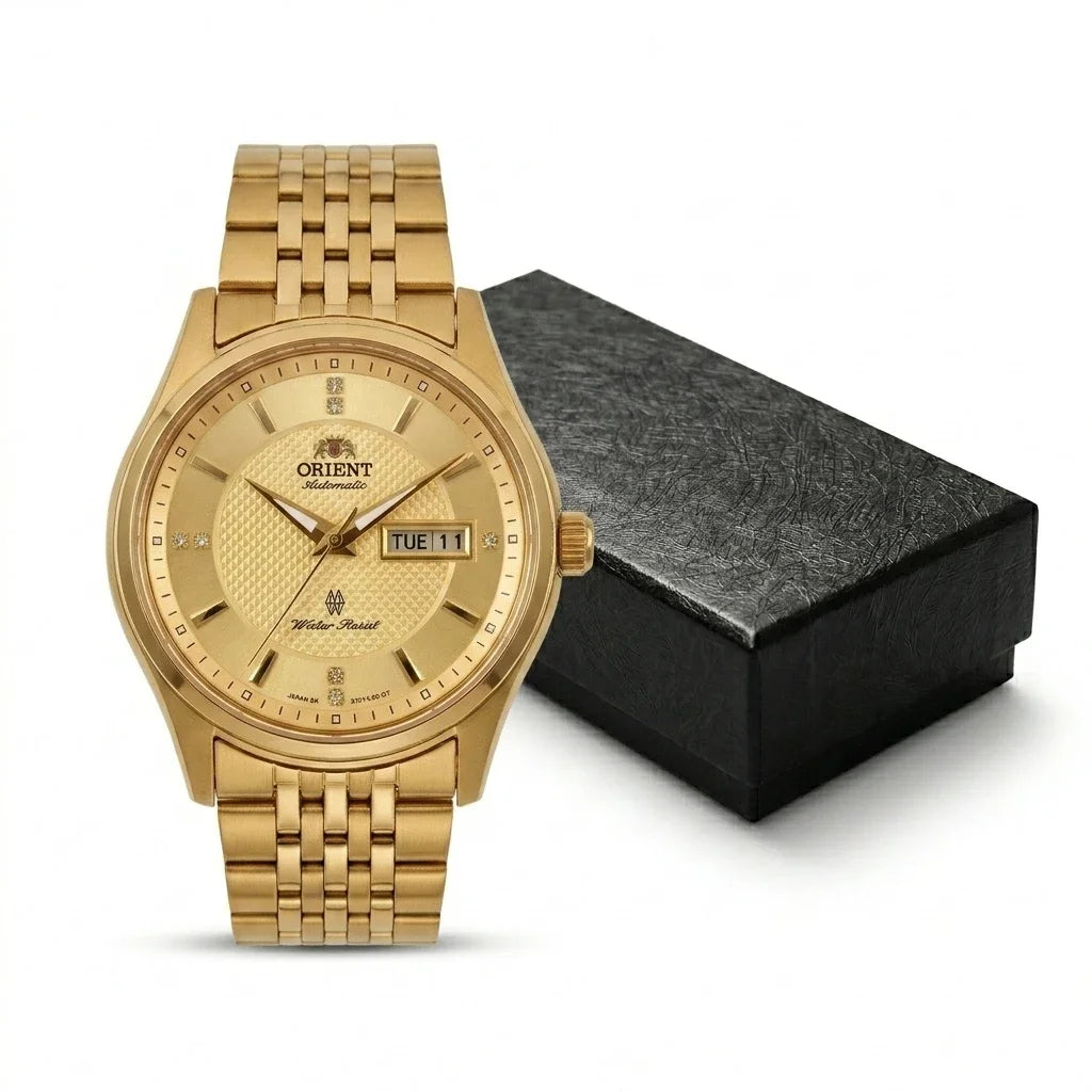 Mechanische Automatikuhr für Herren von Orient mit Doppelkalender (Datum und Wochentag), Kristallindexen und Edelstahlarmband – Armbanduhr im Business-Stil