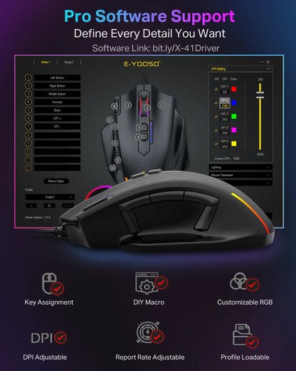 Mouse gaming cablato USB E-YOOSO X-41 Pro con retroilluminazione RGB, 12400 DPI, 11 pulsanti programmabili, mouse ergonomico per lavoro, computer, PC e laptop