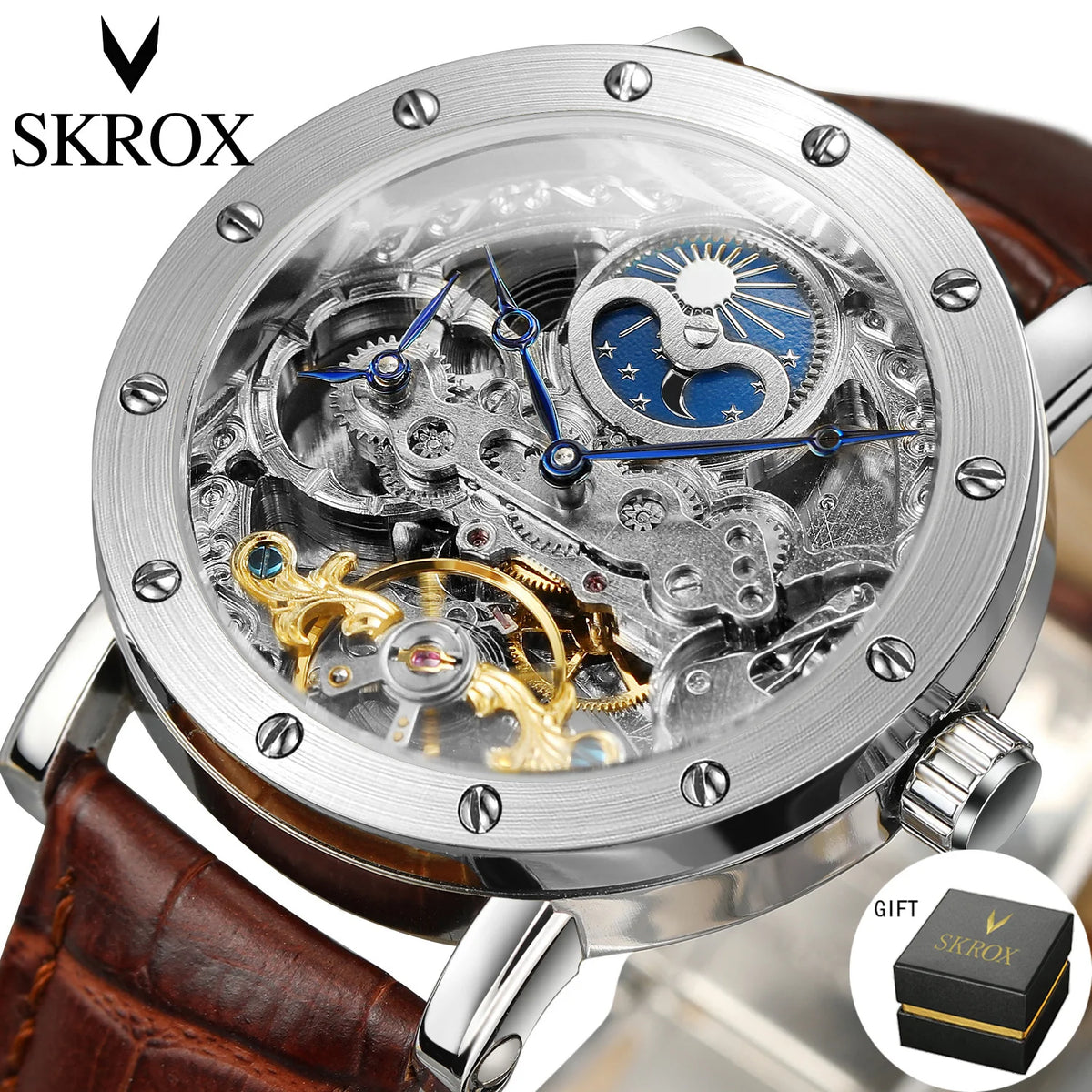 SKROX vyriškas automatinis mechaninis rankinis laikrodis, skeleto modelis su GMT funkcija, mėnulio fazėmis ir turbiljonu – prabangus, aukščiausios klasės, elegantiškas ir originalus laikrodis.