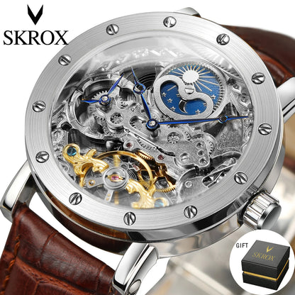 SKROX vyriškas automatinis mechaninis rankinis laikrodis, skeleto modelis su GMT funkcija, mėnulio fazėmis ir turbiljonu – prabangus, aukščiausios klasės, elegantiškas ir originalus laikrodis.