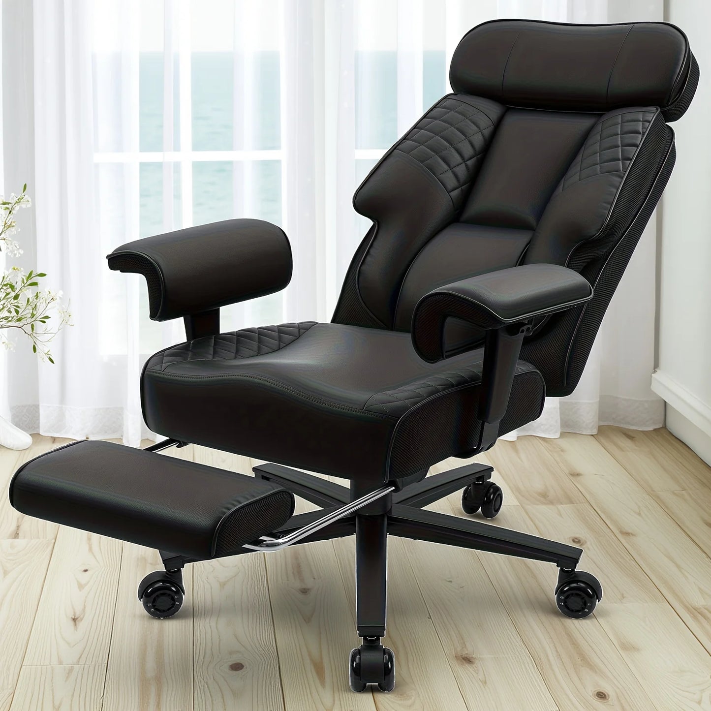 Executive Office Chair with Foot Rest and Waist Lumbar Support, Ergonomic Gaming Chair with Adjustable Height Headrest for Home