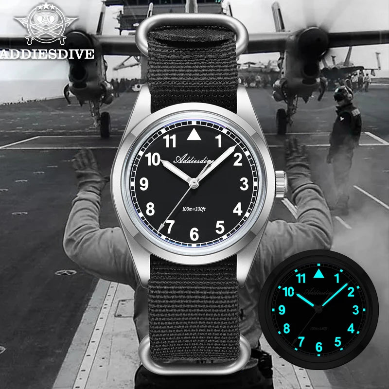 Relógio analógico masculino ADDIESDIVE 36mm com vidro espelhado bolha, 100m à prova de água, luminoso, simples, em quartzo, com bracelete em nylon