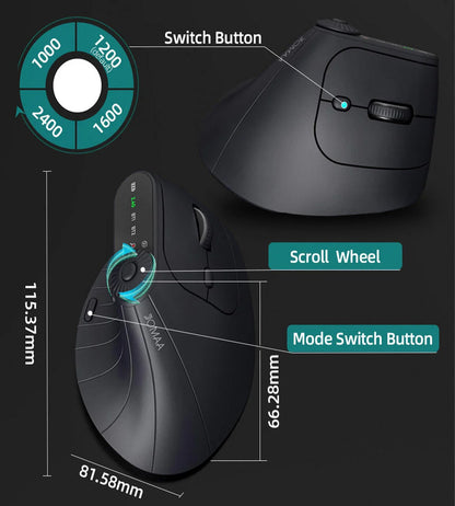 Rato gaming vertical sem fios ergonómico 2.4GHz BT RGB, modo duplo, para portátil, computador de secretária e escritório, silencioso