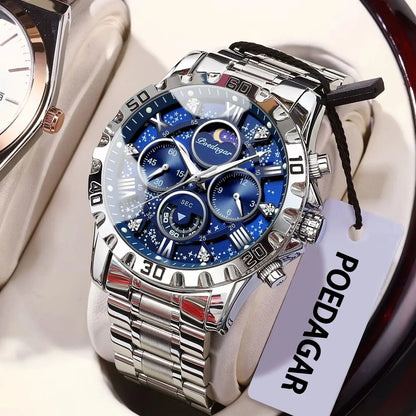Reloj para hombre POEDAGAR: cronógrafo de lujo, resistente al agua y luminiscente, de acero inoxidable, de estilo deportivo y militar, con movimiento de cuarzo