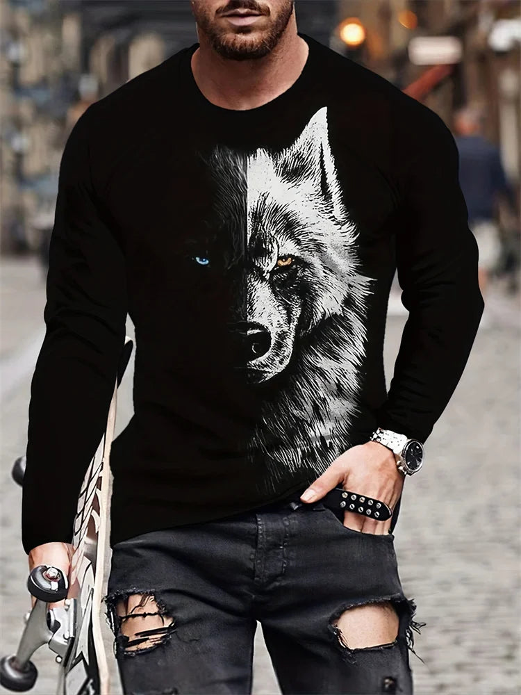 2024 Neues Herren-Langarmshirt mit Wolf-Print – lässiges Herren-Shirt für Frühling und Herbst, Street-Fashion-Langarmshirt