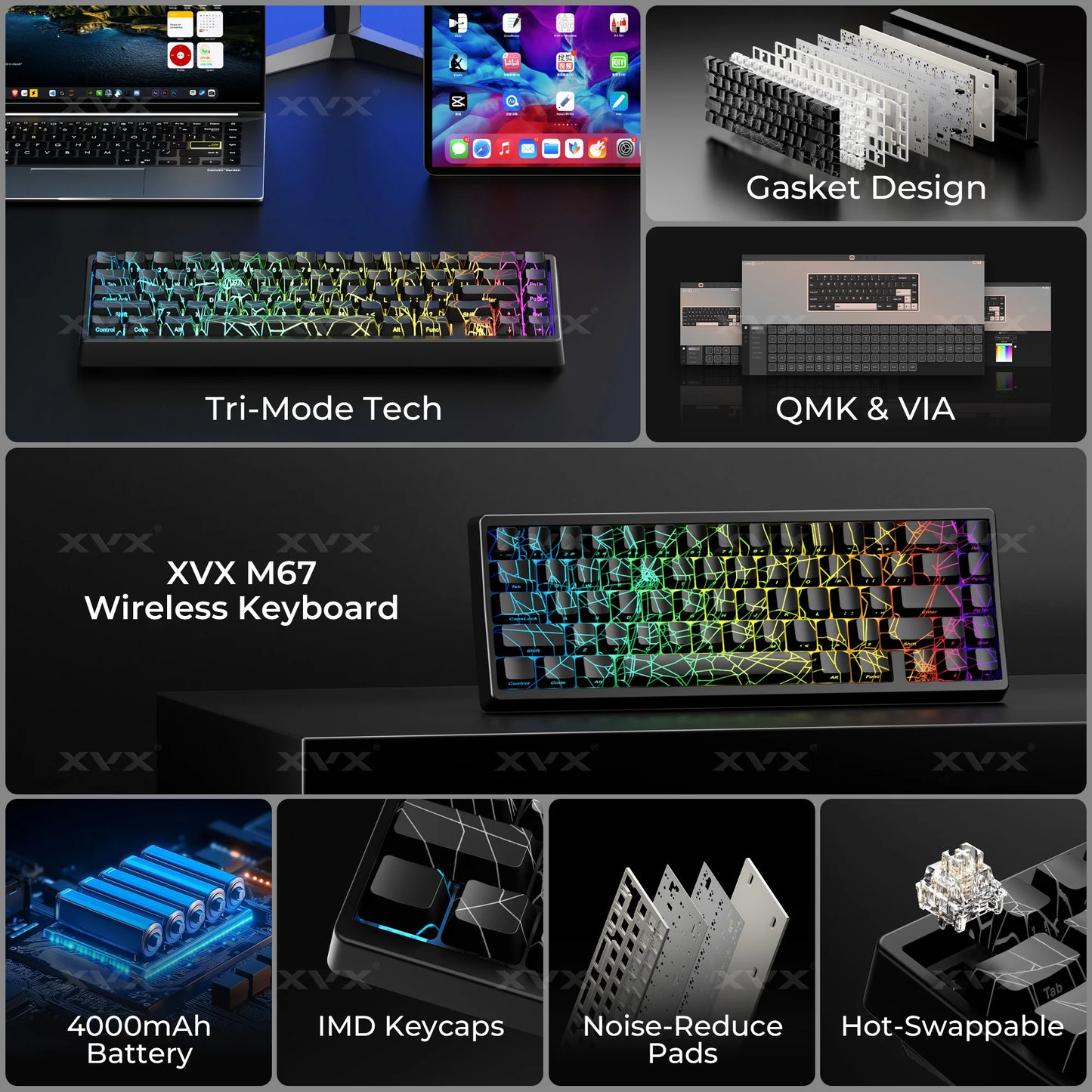 Teclado XVX Spider Web M67 JadeStone con teclas IMD-Tech, conexión trimodo y retroiluminación RGB personalizada 60%