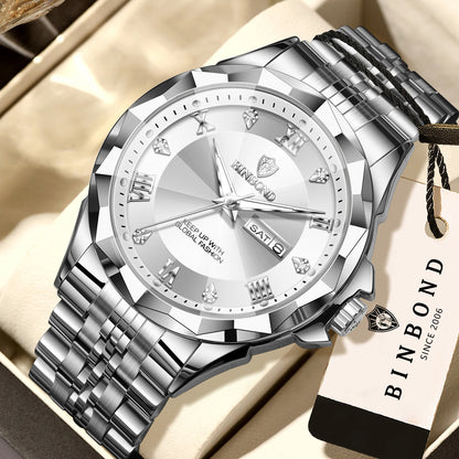 Montre à quartz pour homme BINBOND – Montre-bracelet de luxe, lumineuse et étanche, avec affichage du jour de la semaine et date automatique.