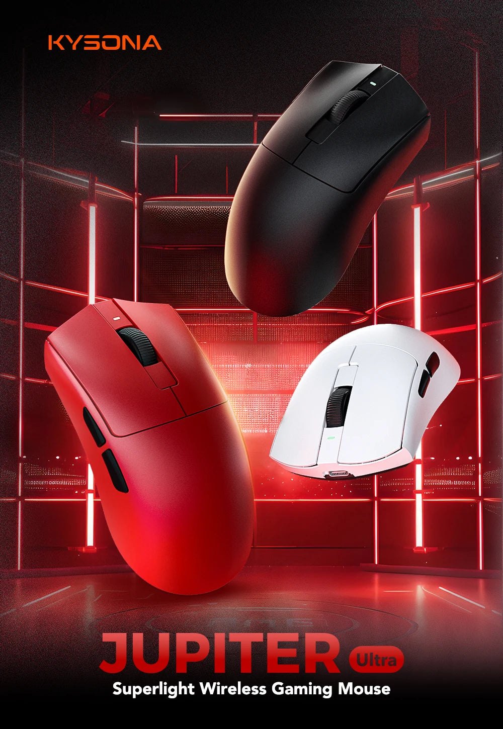 Ratón gaming KYSONA serie Jupiter con cable e inalámbrico, 8Khz, sensor PAW3950, Bluetooth, 46g, recargable, controlador web para PC y portátil