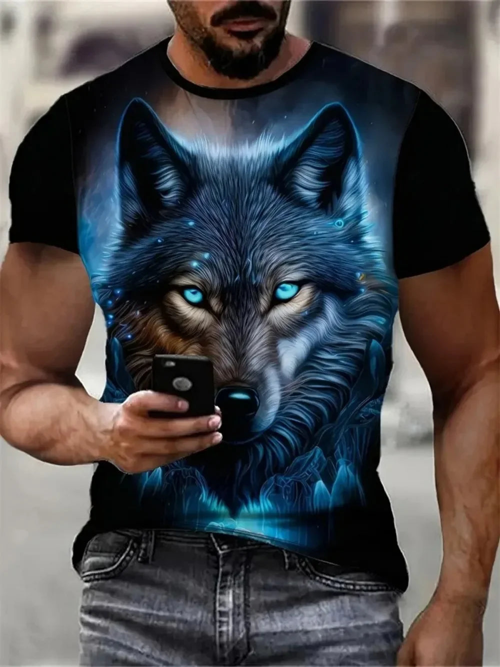 Herr-T-shirt med vildvargsmönster, sommar, streetwear, utomhus, andningsbar, avslappnad T-shirt, överdelar, 3D-tryckta T-shirts, modekläder för män