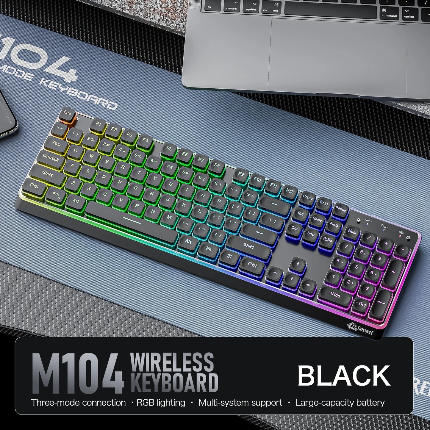 Freewolf M104 Tri-Mode Wireless Keyboard RGB 104 Keys Ultra Slim Quiet Membrane 4000mAh Large Battery for Office & Home