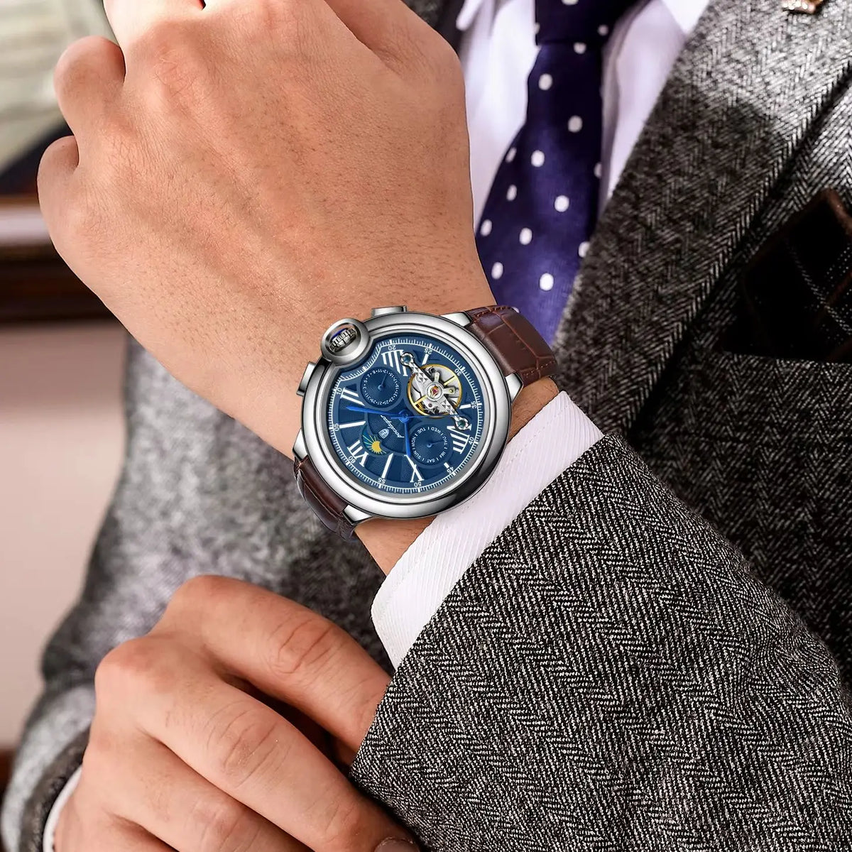 POEDAGAR Luxus-Herrenuhr – Mechanisches Automatikmodell mit Datums- und Wochentagsanzeige, Lederarmband, Tourbillon, wasserdicht, eleganter und professioneller Stil.