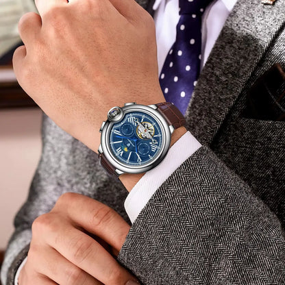 POEDAGAR Luxus-Herrenuhr – Mechanisches Automatikmodell mit Datums- und Wochentagsanzeige, Lederarmband, Tourbillon, wasserdicht, eleganter und professioneller Stil.