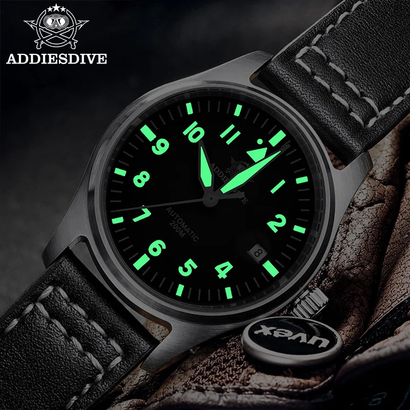ADDIESDIVE Men's Automatic Mechanical Diving Watch 200m Waterproof C3 Ultra Bright Men's Watch Men's Leather Retro Watch AD2519