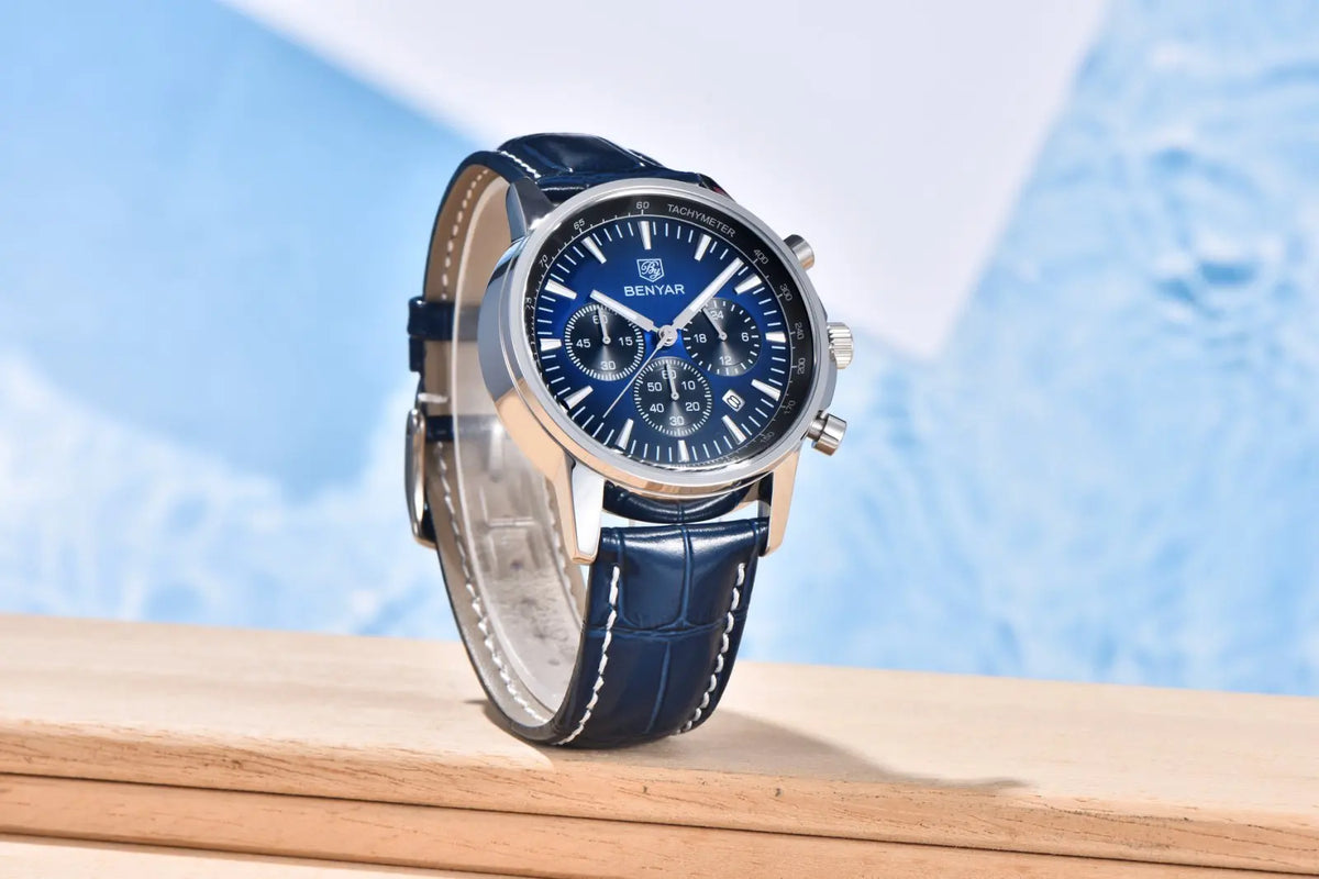 Benyar Luxus-Herrenuhr – Chronograph mit Datumsanzeige, Lederarmband, wasserdicht, leuchtend, sportlicher und militärischer Stil, Quarzuhr