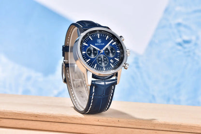 Benyar Luxus-Herrenuhr – Chronograph mit Datumsanzeige, Lederarmband, wasserdicht, leuchtend, sportlicher und militärischer Stil, Quarzuhr