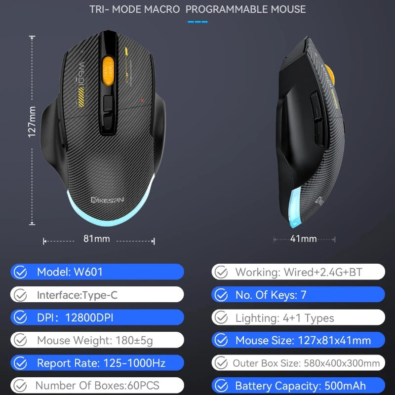 12800DPI 2.4G Wireless Bluetooth Wired Tri-mode Mouse Mute Button Macro Programming Carbon Fiber Gaming Mouse 500mAh 7 Keys