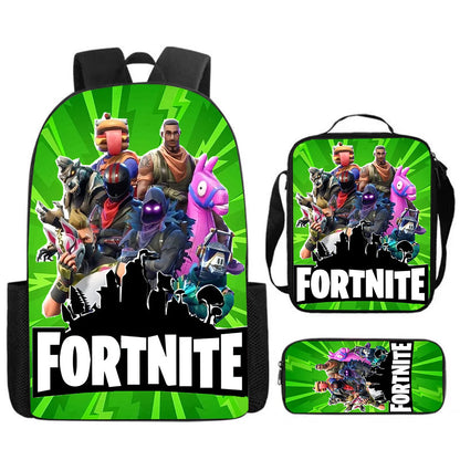 Set Fortnite Cartoon de 3 piezas, gran capacidad, adecuado para niños y niñas de 5 a 8 años, incluye mochila, bolsa para comida y estuche para lápices