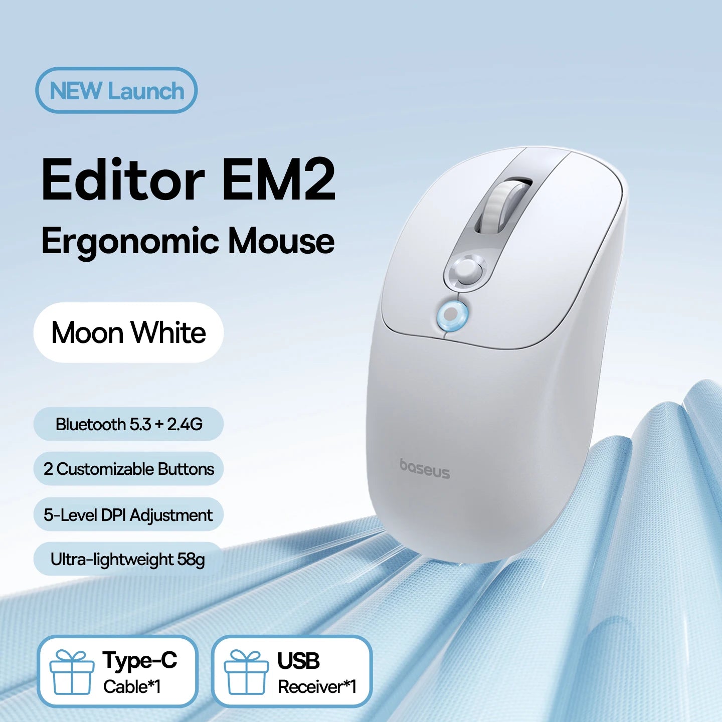 【NOU】Mouse wireless ergonomic Baseus EM2 Bluetooth 5.3 2.4G, încărcare Type-C, ultra-ușor și silențios, cu buton personalizabil