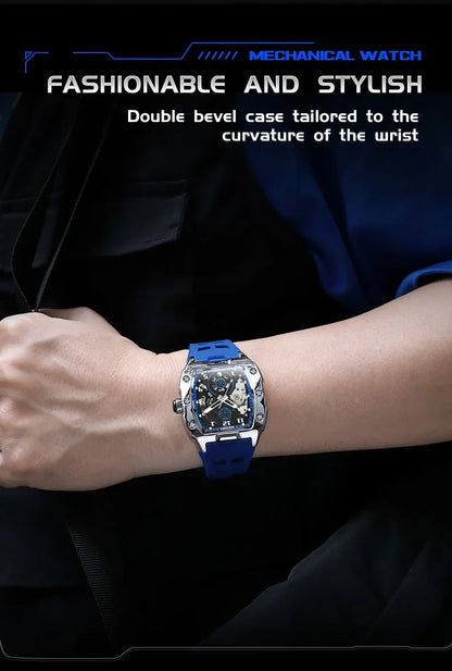 MEGIR Fashion Sport Alloy Case Men Mechanics Watch Waterproof Silicone Band Barrel Shaped Dial Luminous Pointer Man Wristwatches