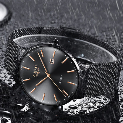 LIGE Herrenuhr, elegantes und luxuriöses Modell, ultraflach, wasserdicht, mit Gliederarmband, Quarzwerk, Datums- und Kalenderanzeige – ideal für einen professionellen Look.