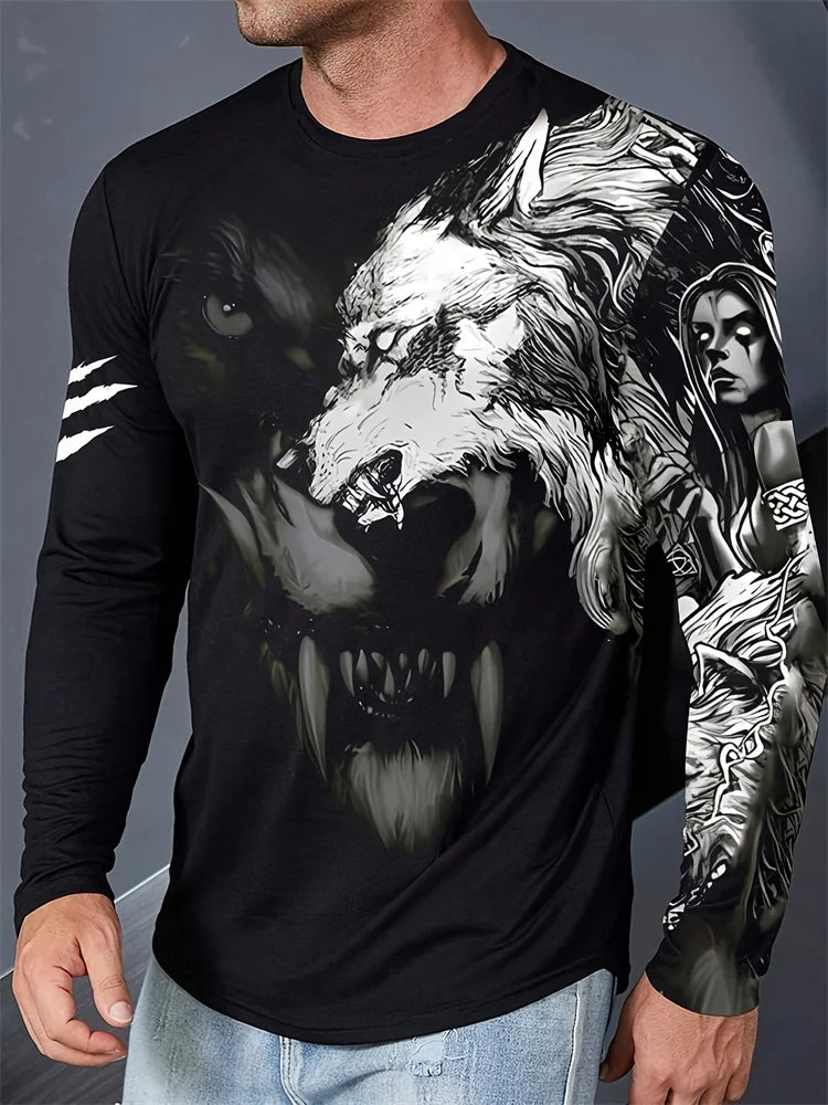 2024 Neues Herren-Langarmshirt mit Wolf-Print – lässiges Herren-Shirt für Frühling und Herbst, Street-Fashion-Langarmshirt
