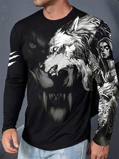 2024 Neues Herren-Langarmshirt mit Wolf-Print – lässiges Herren-Shirt für Frühling und Herbst, Street-Fashion-Langarmshirt