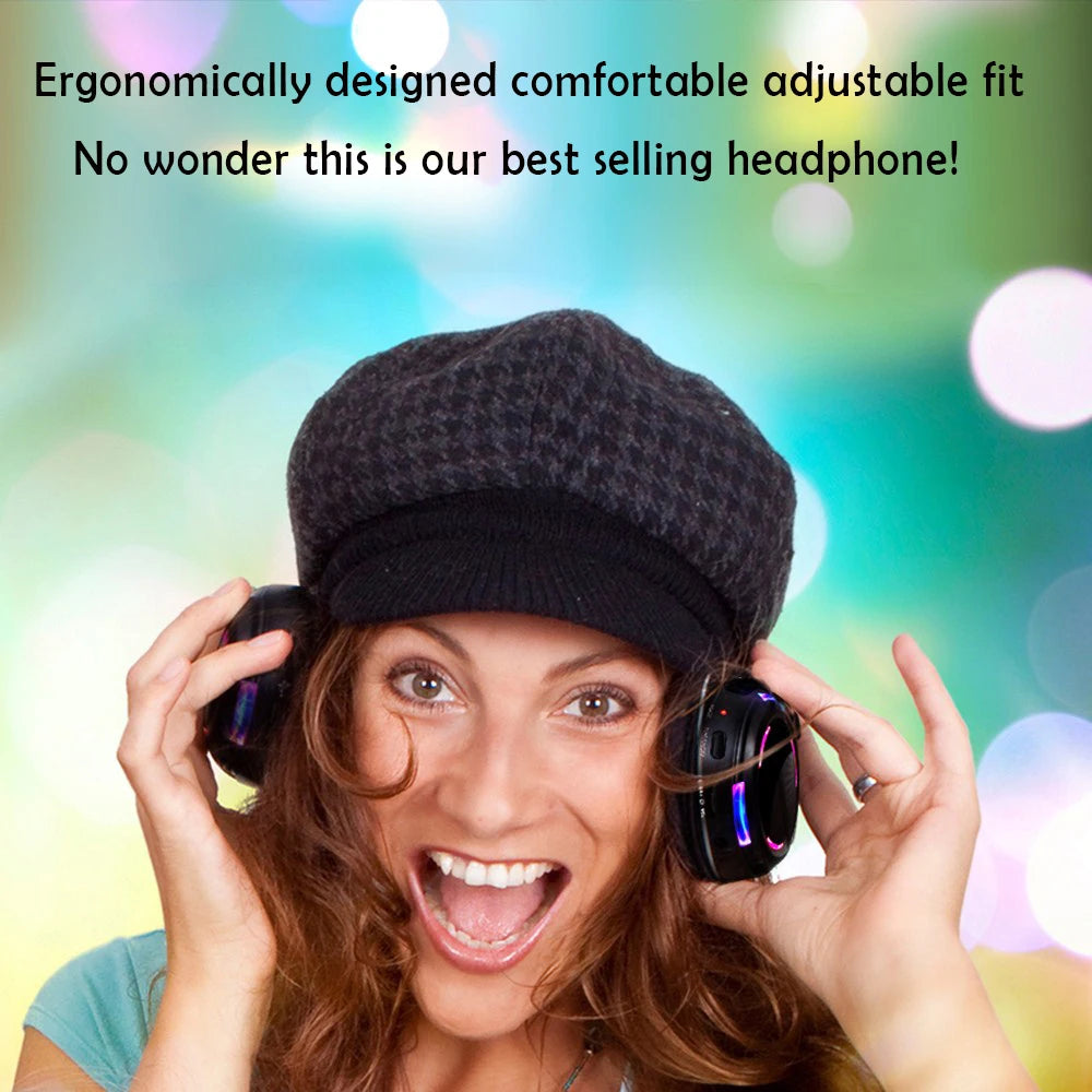 Silent Disco Wireless Headphones with LED Lights, Rechargeable RF Silent Party Headphones for Clubs, Concerts, Meetings & Events