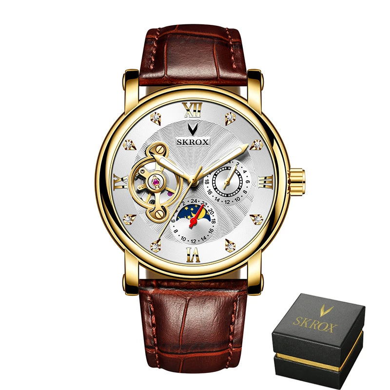 Reloj mecánico automático de lujo para hombre, de una marca de prestigio, con tourbillon, fase lunar y diamantes: un elegante reloj de pulsera.