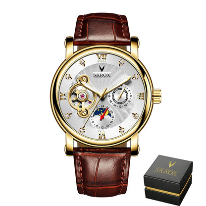 Reloj mecánico automático de lujo para hombre, de una marca de prestigio, con tourbillon, fase lunar y diamantes: un elegante reloj de pulsera.