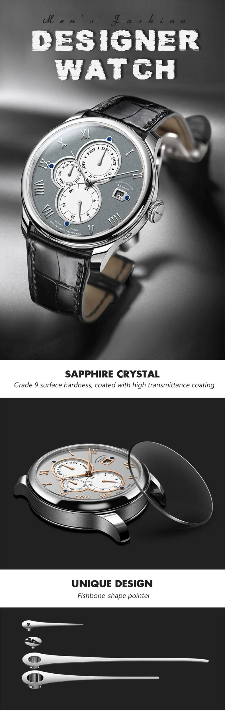 Luxury Brand BORMAN Automatic Mechanical Men's Watches Sapphire 50M Waterproof Multi-function Dial Retro Leather Clocks BM18011