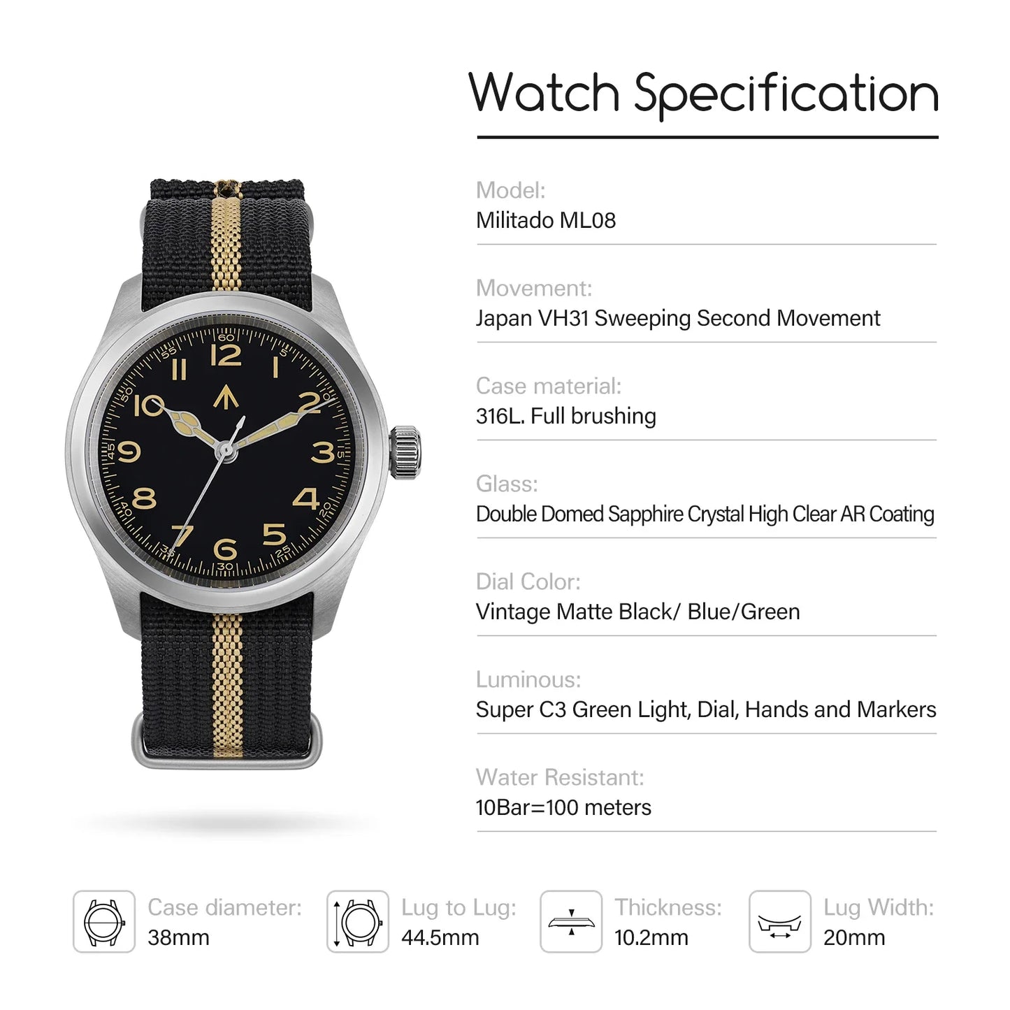 Relógio de Quartzo Vintage Militar Militado ML08 V2 com Movimento VH31, Vidro Duplo de Safira, Luminescência C3 BGW-9, Impermeável, 38mm
