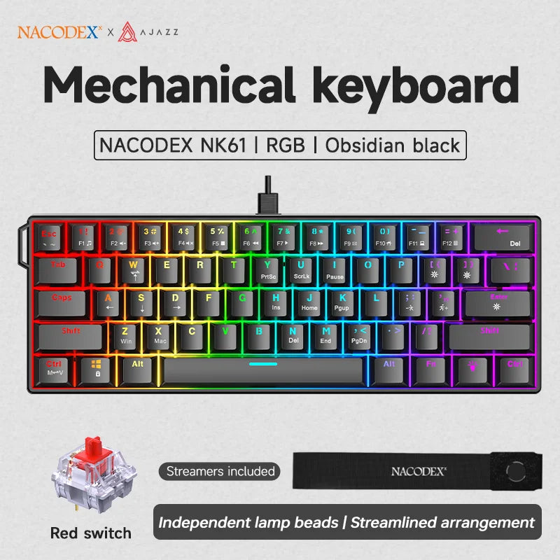 Teclado mecânico gaming com fios AJAZZ NK61 60% RGB hot-swappable, 61 teclas, switch vermelho, mini teclado para PC gamer