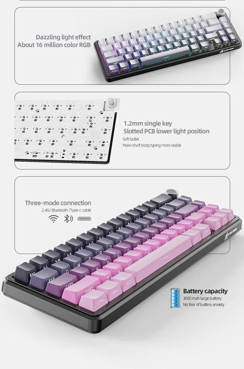 Teclado mecánico inalámbrico Attack Shark X66 con diseño compacto 65%, retroiluminación RGB, montaje gasket, hot swap, Bluetooth, USB-C, PBT y batería de gran capacidad