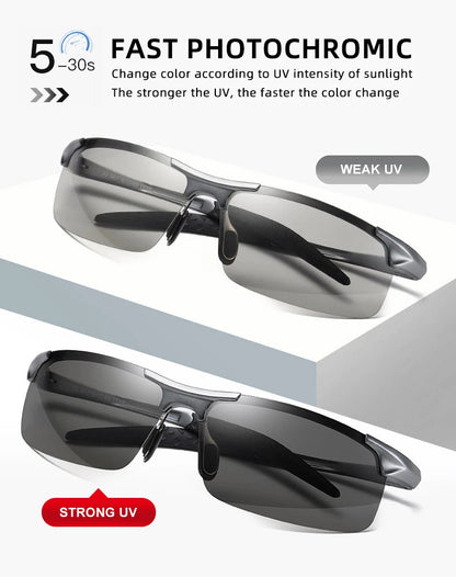 CLLOIO Aluminum Rimless Photochromic Sunglasses Men Polarized Driving Chameleon Anti-Glare Glasses Travel Fishing Goggle UV400