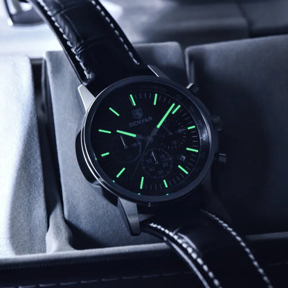 Benyar Luxus-Herrenuhr – Chronograph mit Datumsanzeige, Lederarmband, wasserdicht, leuchtend, sportlicher und militärischer Stil, Quarzuhr