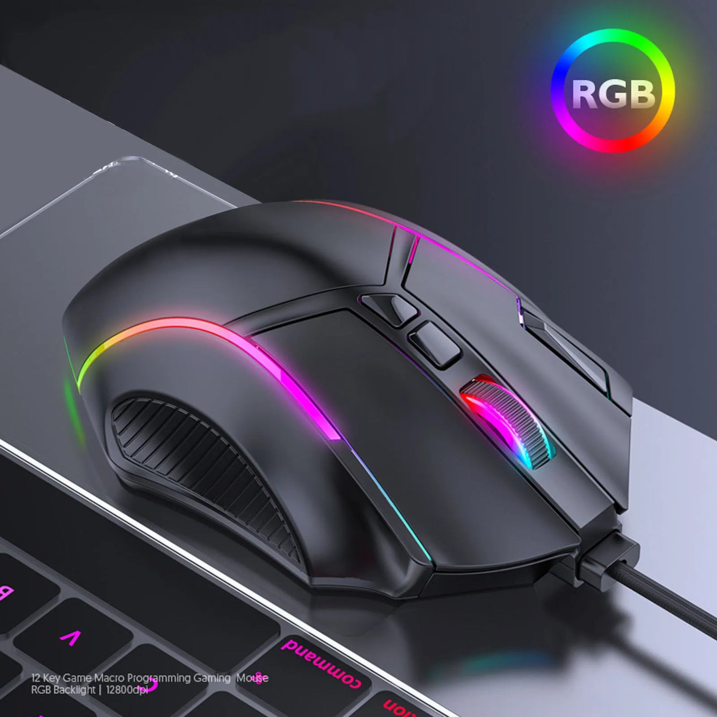 Ratón gaming RGB con cable 12800DPI, 12 teclas, definición de macros, accesorios de repuesto para ordenador, funcionamiento fotoeléctrico