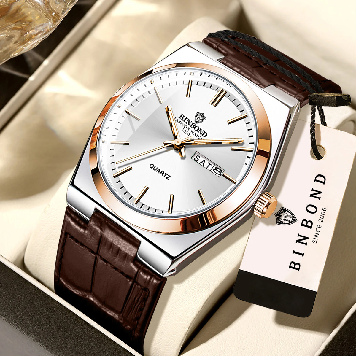 Montre-bracelet à quartz BINBOND de luxe avec bracelet en cuir, précise, lumineuse, étanche, affichage automatique de la date et du jour de la semaine, durable, pour homme.