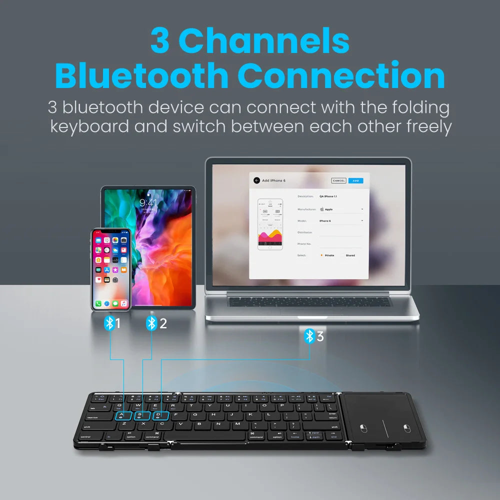 JOMAA Foldable Bluetooth Wireless Keyboard With Touchpad Portable Rechargeable 63 Keys Slim Keyboard for Win 7/8/10/IOS