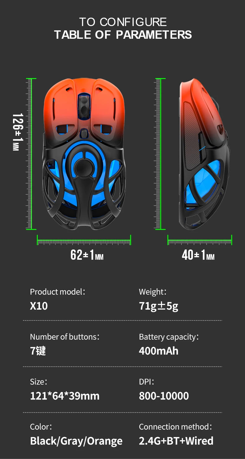 X10 Tri-Mode Gaming Mouse Wireless Mouse 10000 DPI 1000Hz Return Rate Bluetooth Mouse RGB Rechargeable Mouse BT/2.4G/Wired Mice