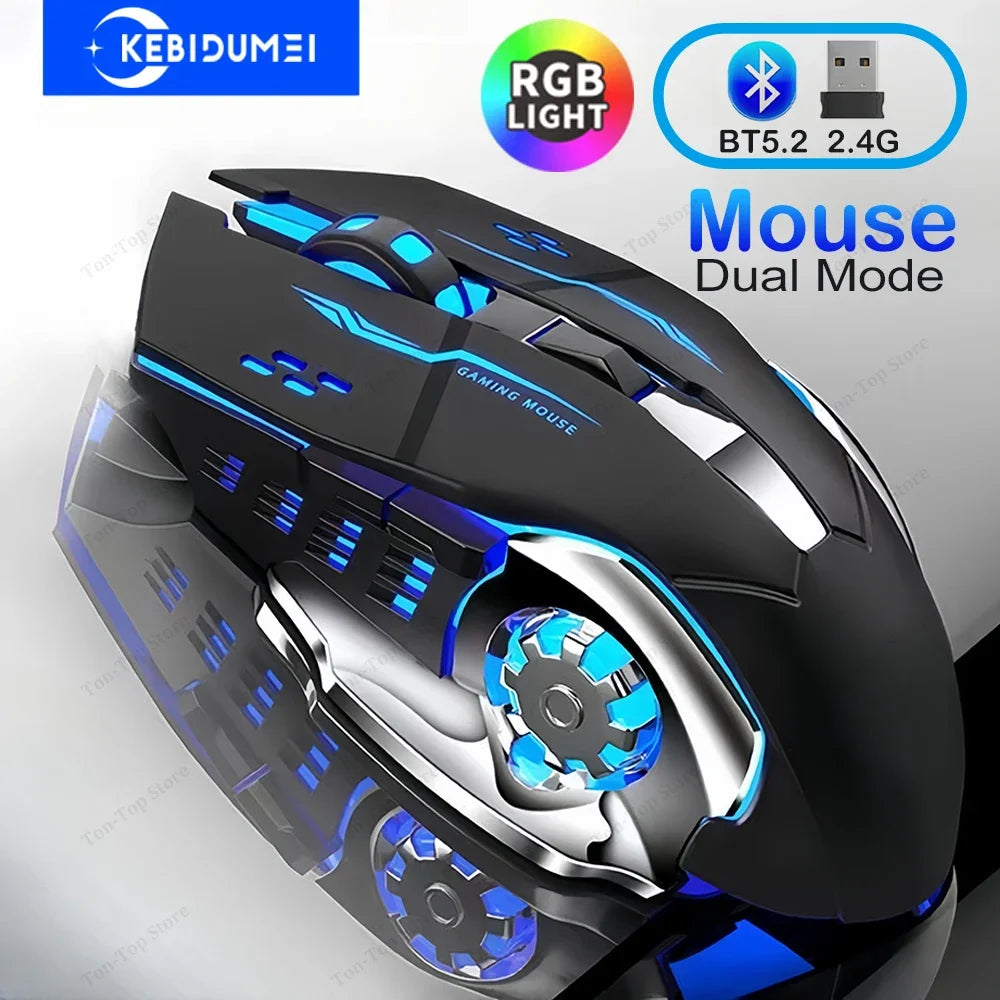 KEBIDUMEI Dual-Mode Bluetooth 5.2-mus 2.4G trådlös mus RGB-gamingmus uppladdningsbar tyst mus 3600 DPI möss för bärbar dator