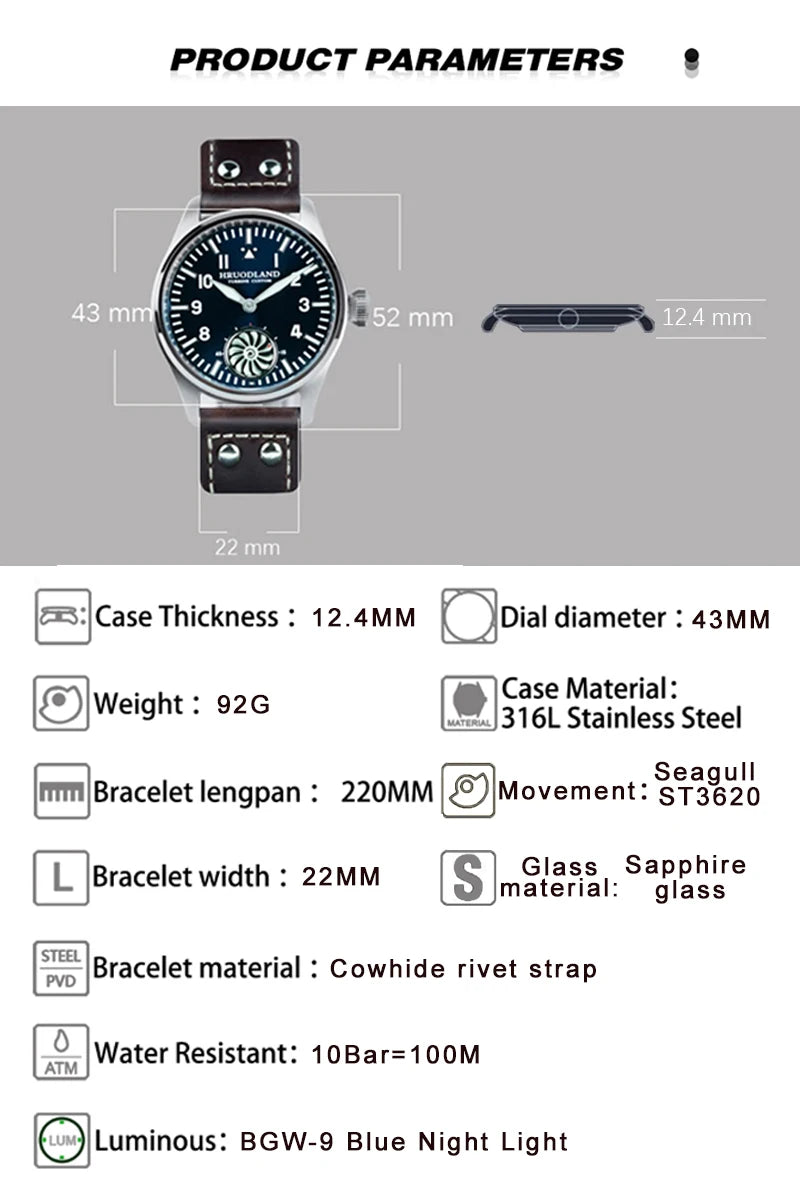 Hruodland Pilot St3620 Retro Men's Manual Mechanical Watch Luxury Sapphire Bgw-9 Night Light Turbine Waterproof 5Bar