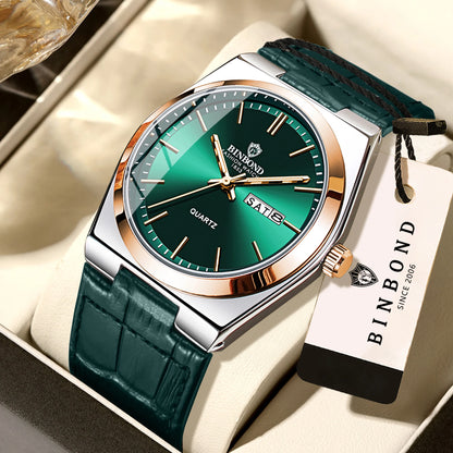 Montre-bracelet à quartz BINBOND de luxe avec bracelet en cuir, précise, lumineuse, étanche, affichage automatique de la date et du jour de la semaine, durable, pour homme.