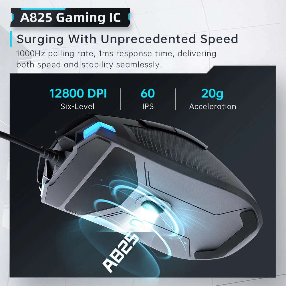 Mouse gaming cu fir Machenike M7Pro USB Instant A825 12800DPI 1000Hz 7 butoane 65g RGB pentru laptop PC Mouse Gamer