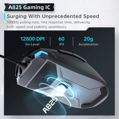 Mouse gaming cu fir Machenike M7Pro USB Instant A825 12800DPI 1000Hz 7 butoane 65g RGB pentru laptop PC Mouse Gamer