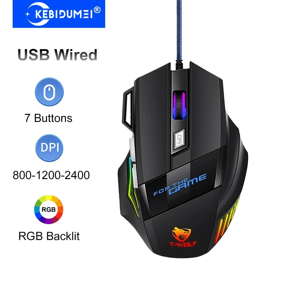 Mouse da gaming cablato KEBIDUMEI, 7 pulsanti, retroilluminazione RGB, mouse USB ergonomico, 2400 DPI, 3 livelli DPI, per PC, laptop, Windows e Mac OS