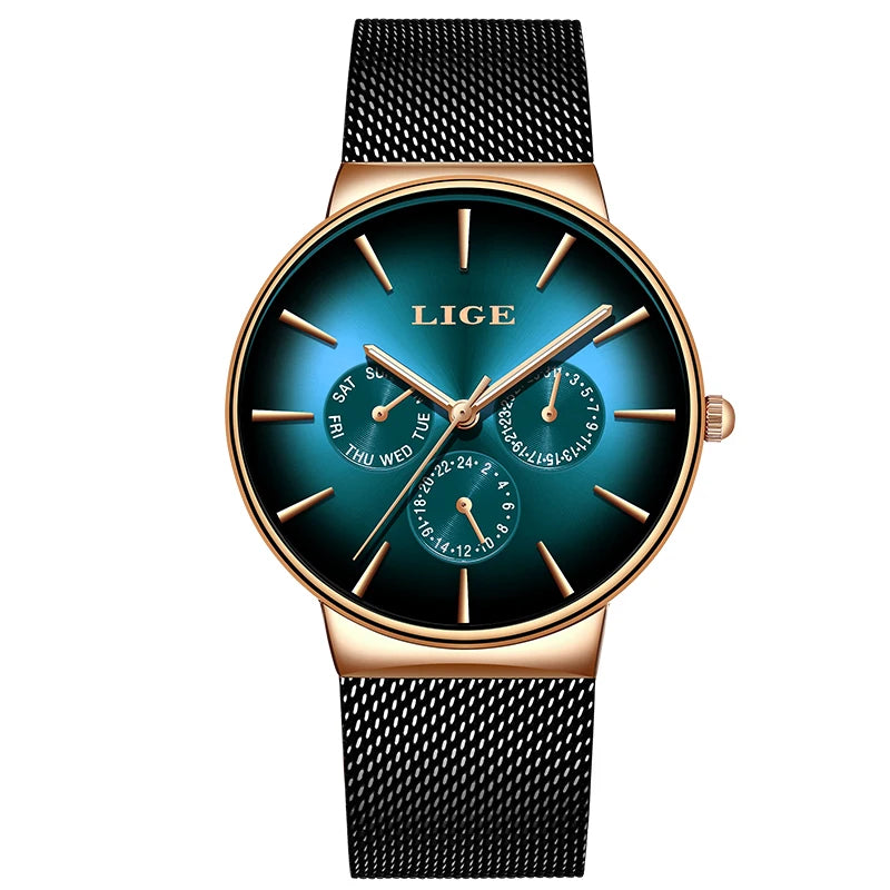 Relógio feminino LIGE, elegante e moderno – Estilo desportivo e descontraído, bracelete em malha, movimento de quartzo, indicação da data e do dia, resistente à água.