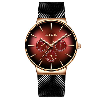 Relógio feminino LIGE, elegante e moderno – Estilo desportivo e descontraído, bracelete em malha, movimento de quartzo, indicação da data e do dia, resistente à água.