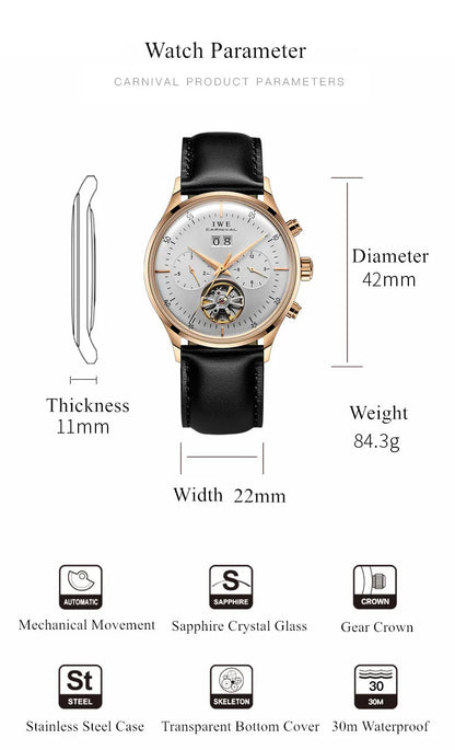 CARNIVAL Mechanical Dress Watches for Men Brands Luxury Sapphire Automatic Wristwatches Men's Waterproof 2025 Men's Watch