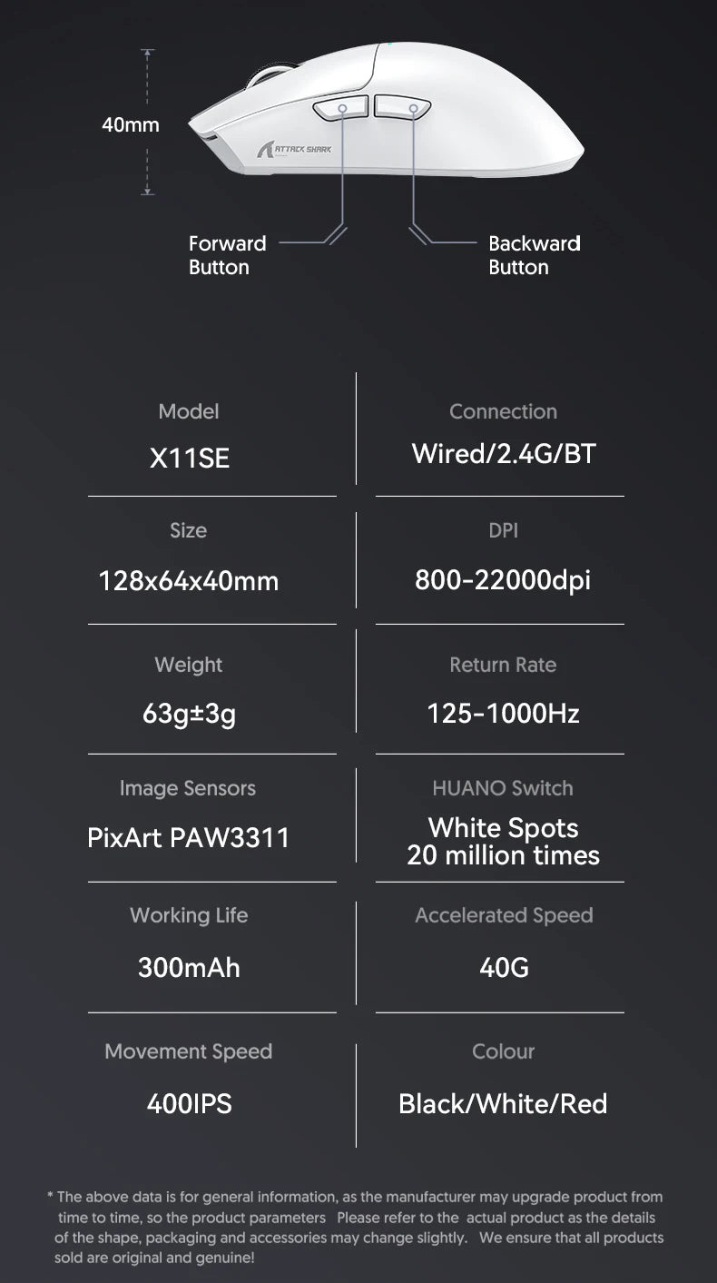 ATTACK SHARK X11SE Wireless Gaming Mouse Tri-Mode, 63g Superlight Gaming Mouse with PAW3311 Sensor, 22000 DPI, Bluetooth 5.2, 2.4G Wireless & Wired RGB Gaming Mouse
