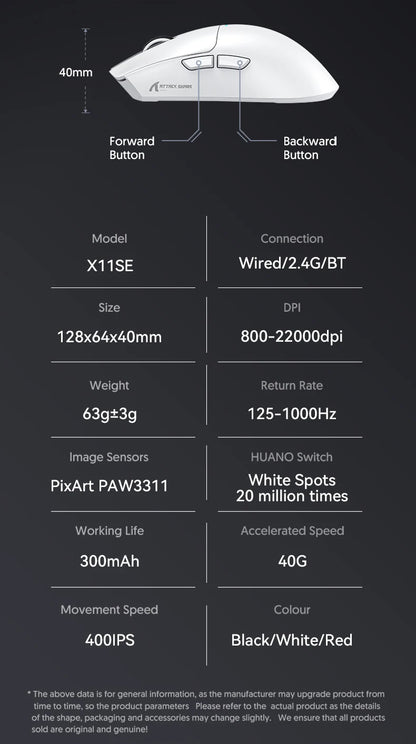 ATTACK SHARK X11SE Wireless Gaming Mouse Tri-Mode, 63g Superlight Gaming Mouse with PAW3311 Sensor, 22000 DPI, Bluetooth 5.2, 2.4G Wireless & Wired RGB Gaming Mouse